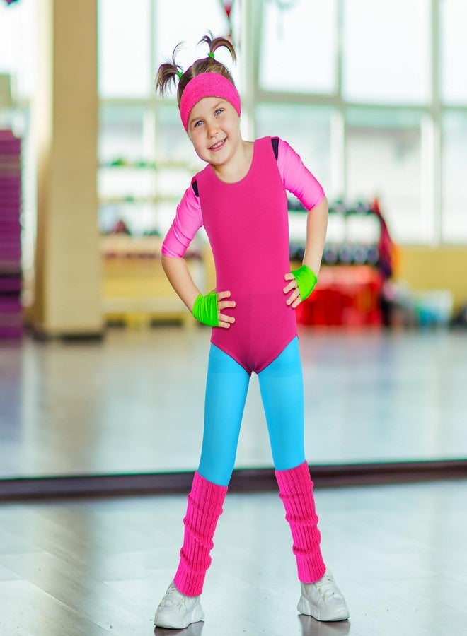 Giegxin Kids 80s Workout Costume Halloween Outfit Accessories Retro Neon Leotard Legging Headband Wristband Leg Warmers(Large,Rose Red, Lake Blue) - Image 4